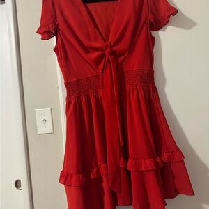 Red Ruffled Tie-Front Dress